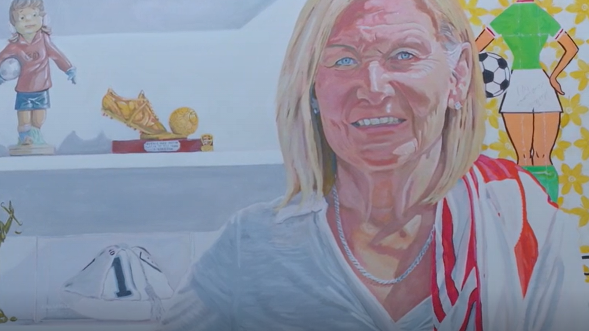 Painting by David James showing former footballer Gill Sayell