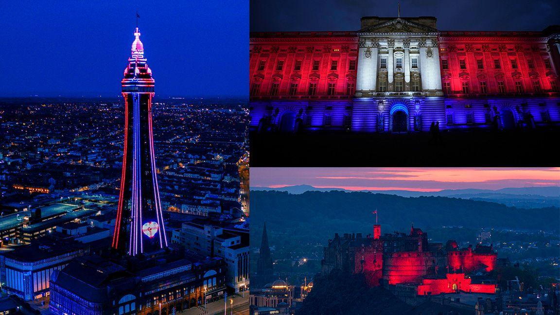 Blackpool tower, Buckingham Palace and Edinburgh castle lit up in red, white and blue