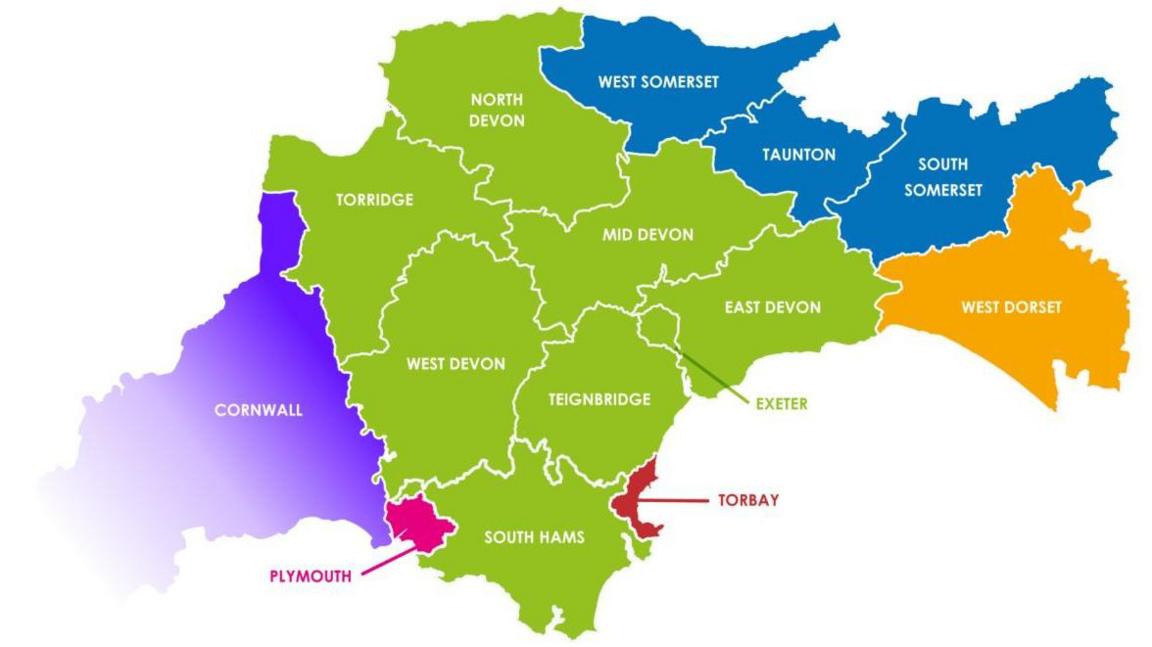 A map of Devon and parts of Cornwall, Somerset and Dorset showing various district council boundaries