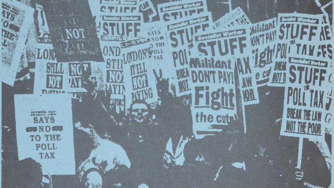 A black and white poster showing protestors against the poll tax in the 1980s