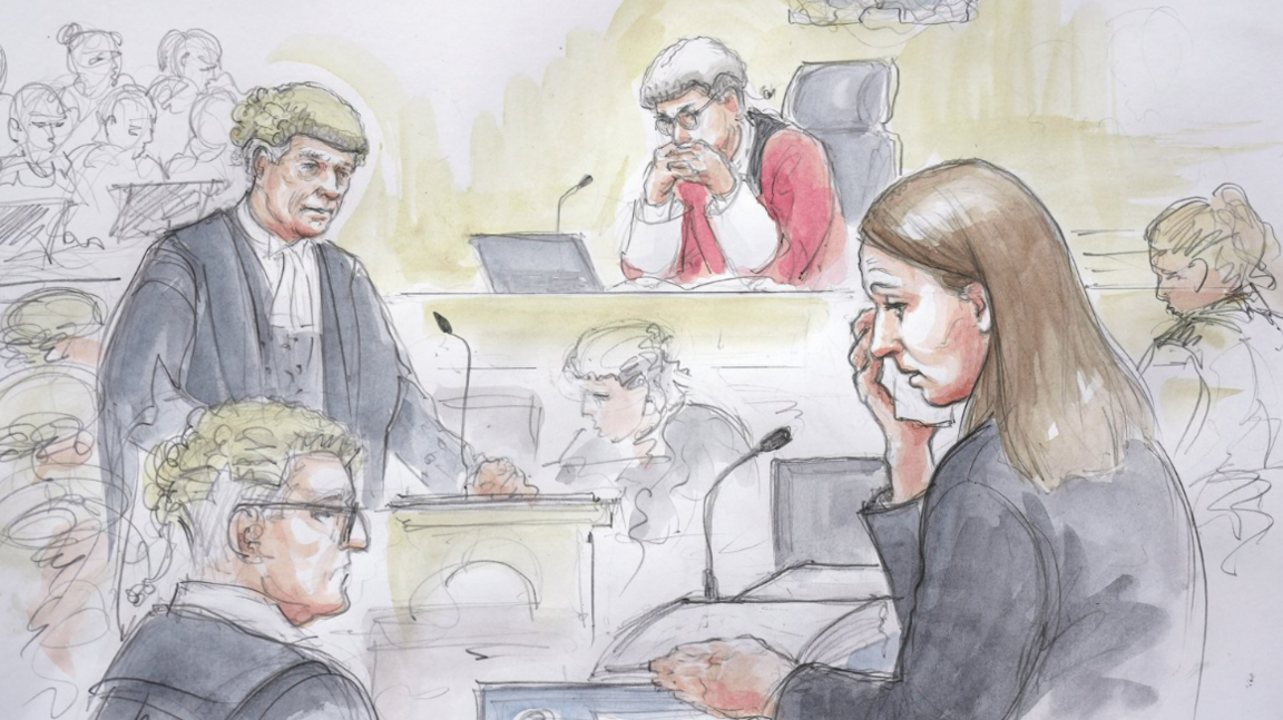 A sketch of Lucy Letby appearing on trial at Manchester Crown Court, surrounded by legal counsel