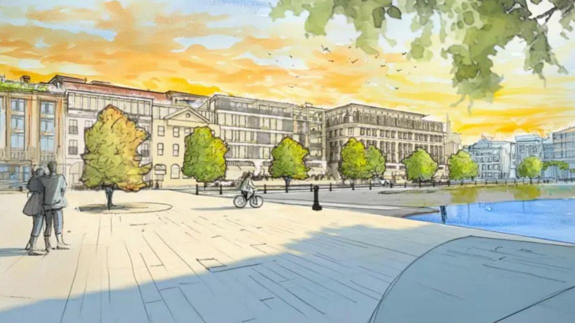 A picture of the plan for the strand. It is a sketched design . With many buildings, homes and waterfront seen in the picture.