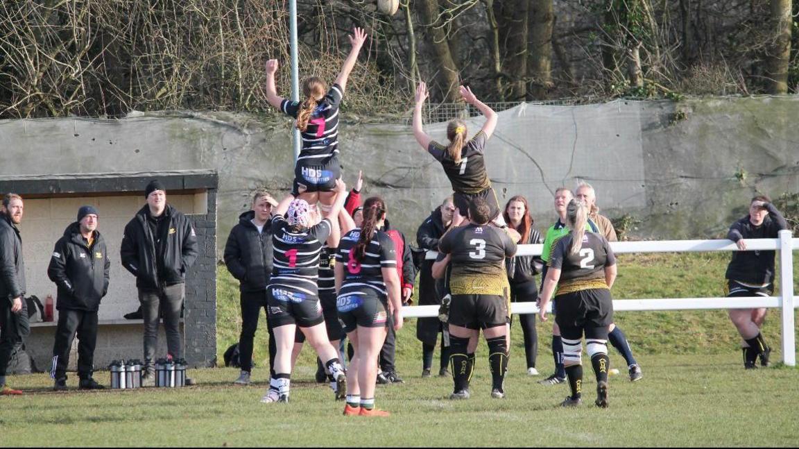 Rugby players reach for the ball during a lineout