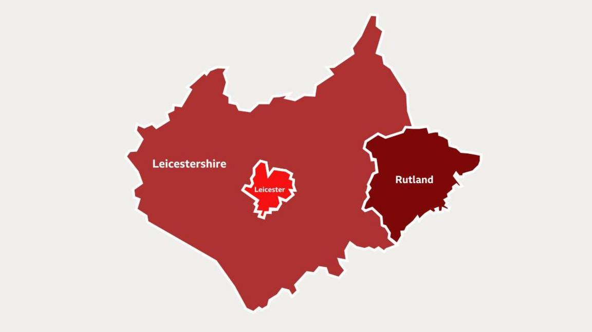 Map showing a possible scenario of local government reorganisation where Leicestershire becomes a single unitary authority, with Leicester and Rutland remaining separate.