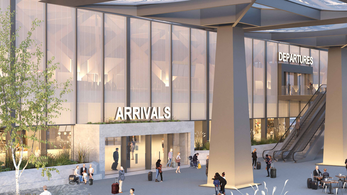 An artist's impression of what a new terminal could look like. There are large pillars supporting to the roof. It is glass fronted. There are two different levels, one for arrivals and one for departures, connected by escalators