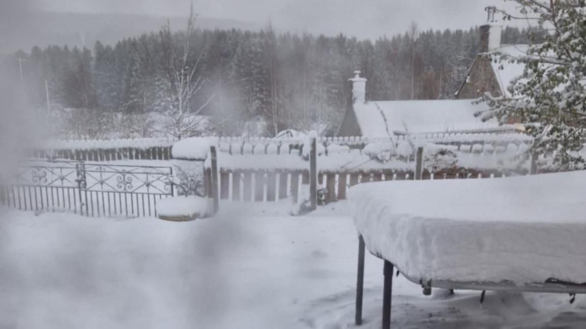 A garden and house covered with 23cm-deep snow at Roughpark, Strathdon on 19 November. There are evergreen trees in the background sprinkled with snow. Pasts of the image are blurred by our of focus falling snow flakes.
