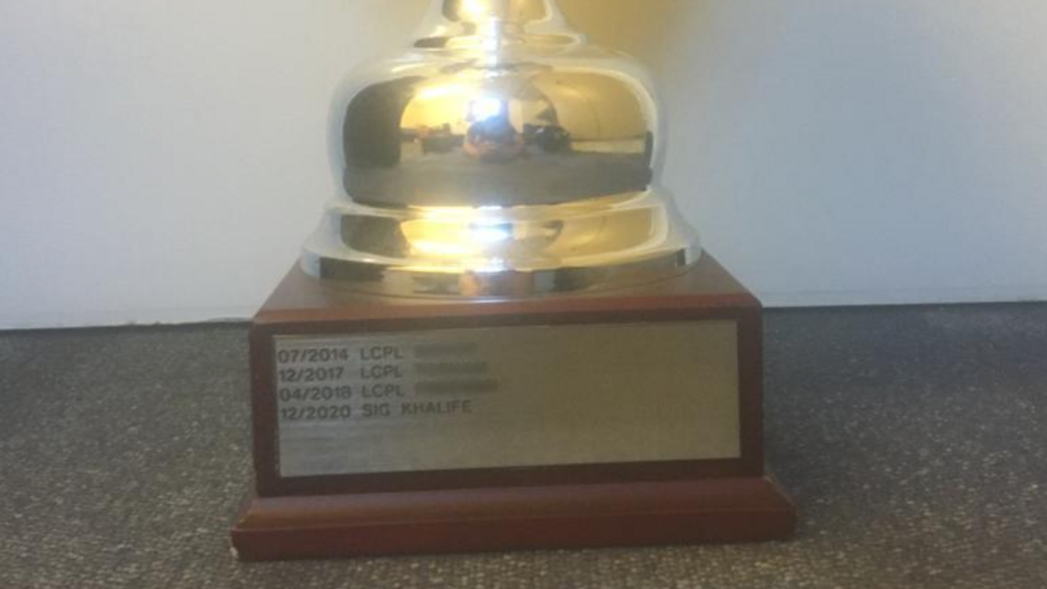 The base of a trophy with the names of soldiers who had won it including Daniel Khalife