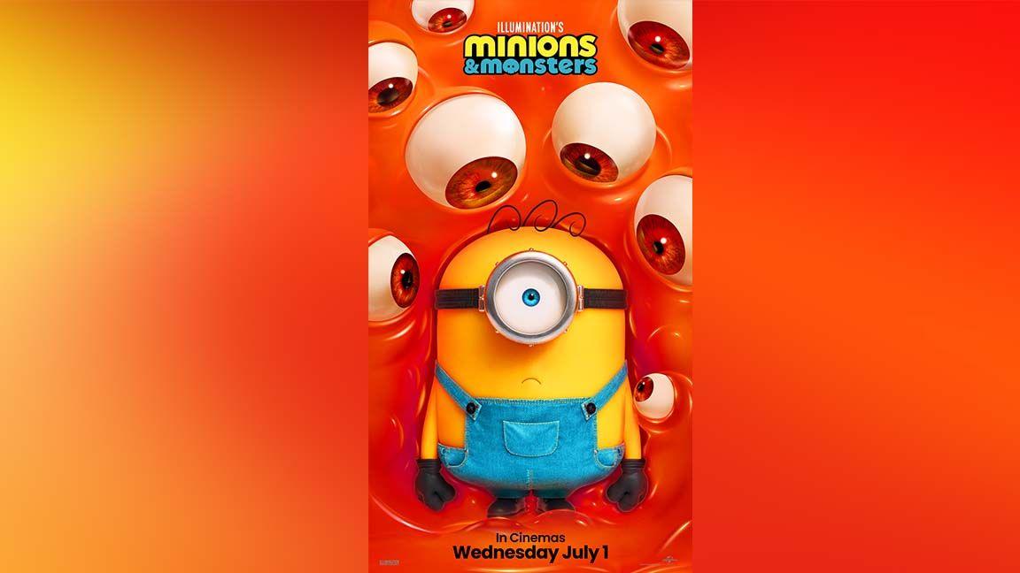 Final poster for Minions & Monsters 2026 - Minion surrounded by monster eyes looking at it