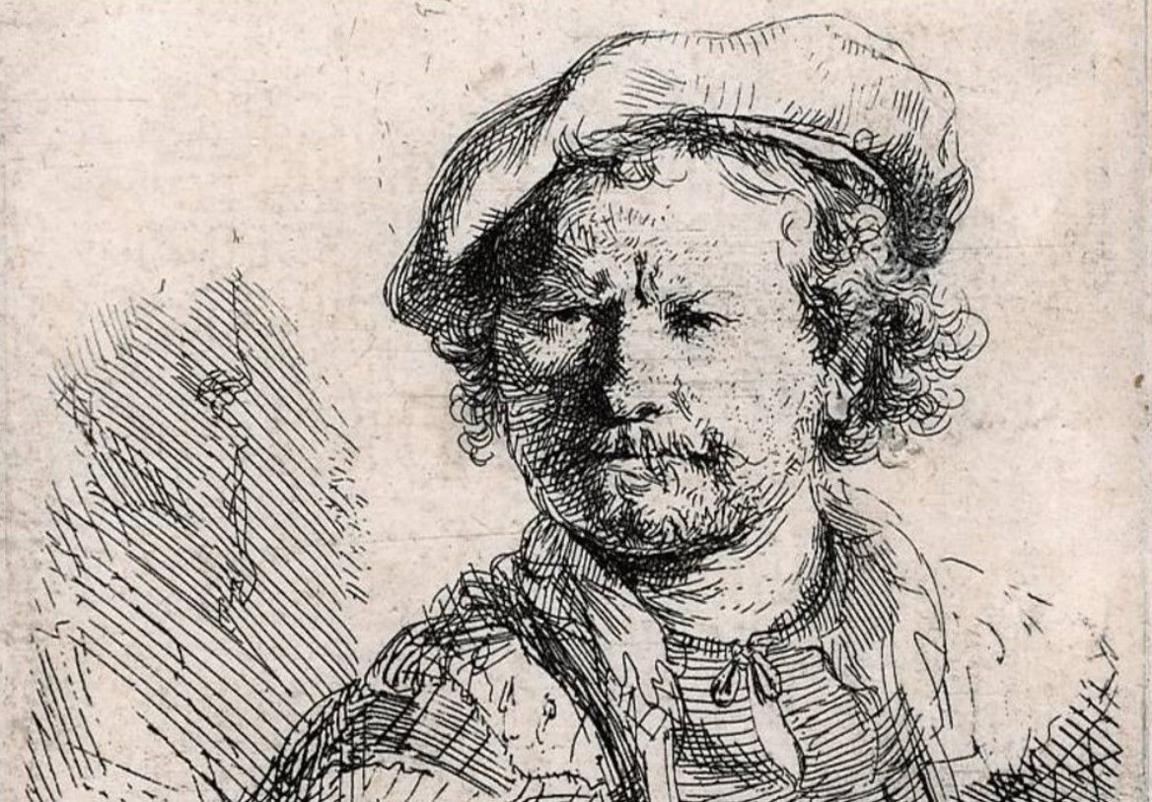 This self-portrait by Rembrandt is an etching. He is wearing a flat cap and has curly hair in the image.