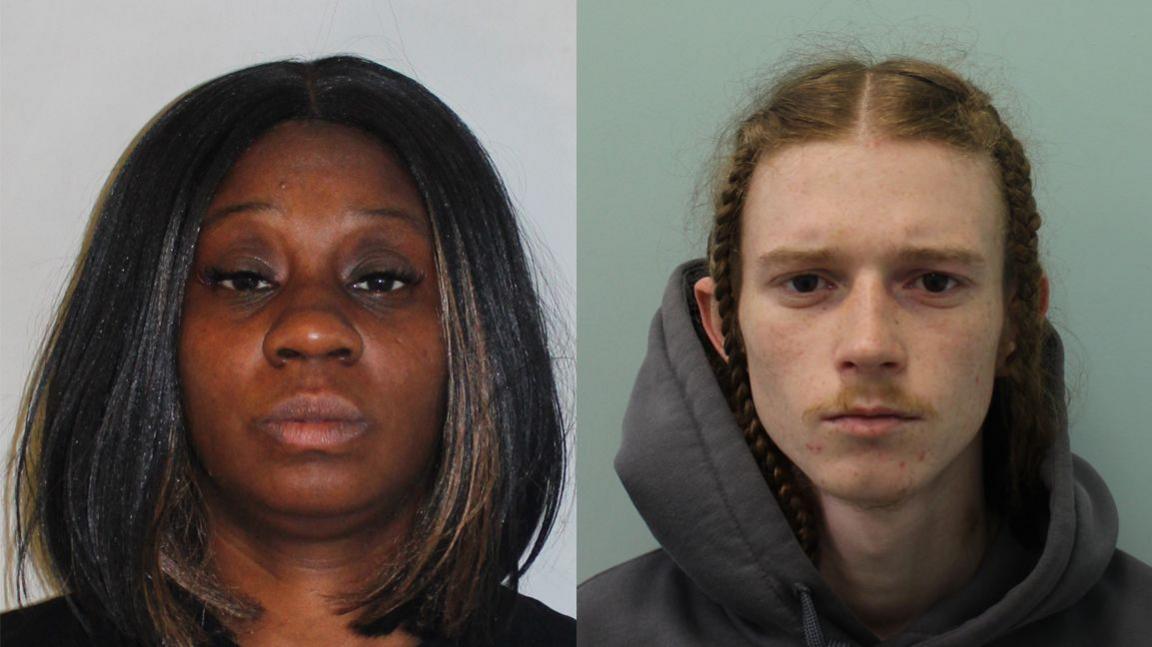 Mugshot of Tenika Parker to the left. She is wearing a black top looking directly at the camera standing against a plain background. Mugshot of Daniel Cooper to the right. He is wearing a grey hoodie staring directly at the camera while against a plain background.