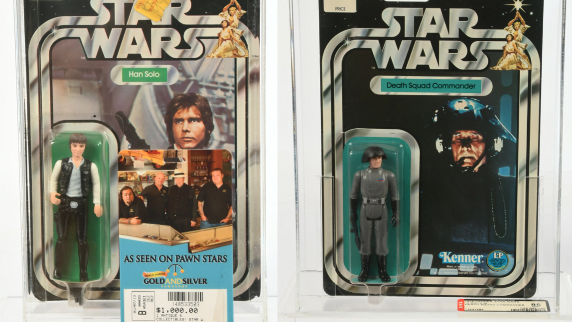 Antique Star Wars figurines of Han Solo and a Death Squad Commander.