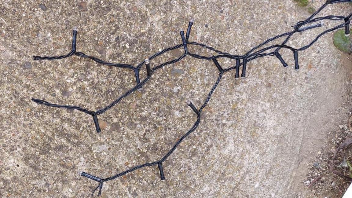 An image of Christmas string lights resting on a concrete floor. The black strings have been cut and separated. 