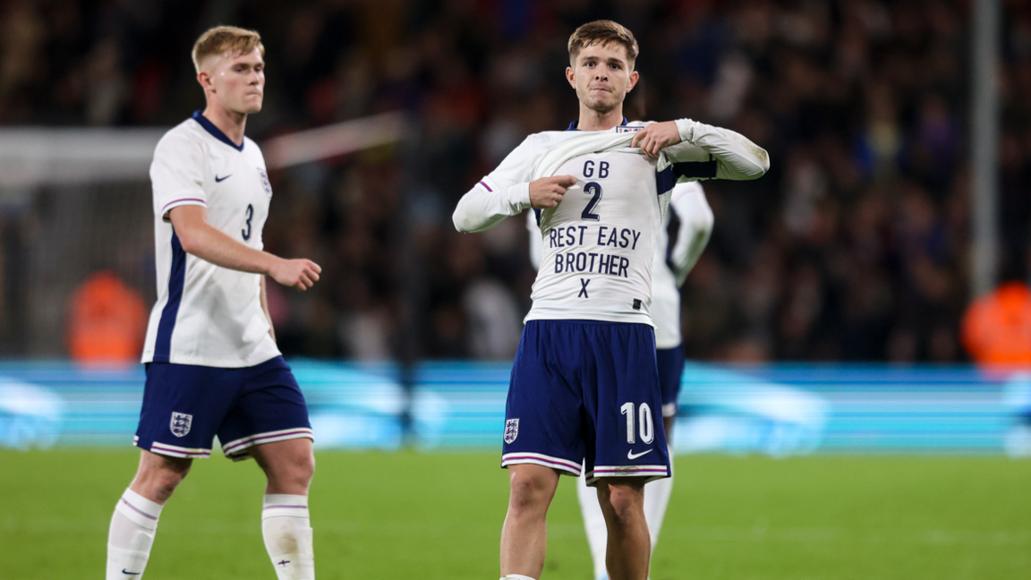 James McAtee pays tribute to his former team-mate George Baldock after scoring for England Under-21s against Ukraine