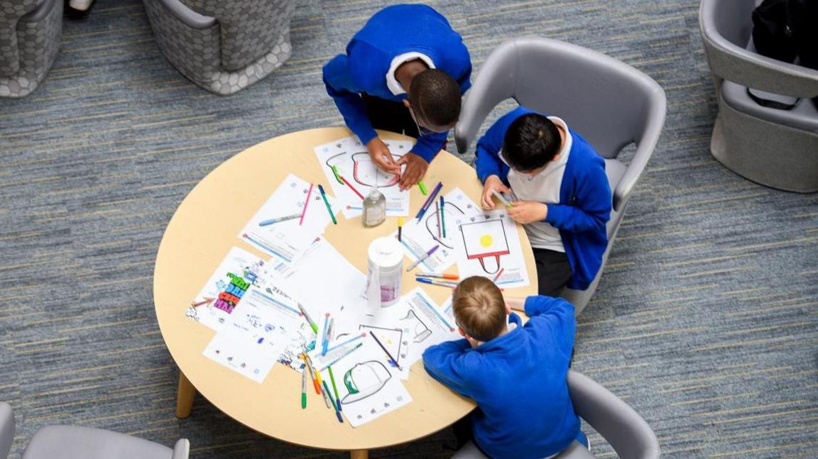 Three pupils in blue sweaters sit round a table with drawings