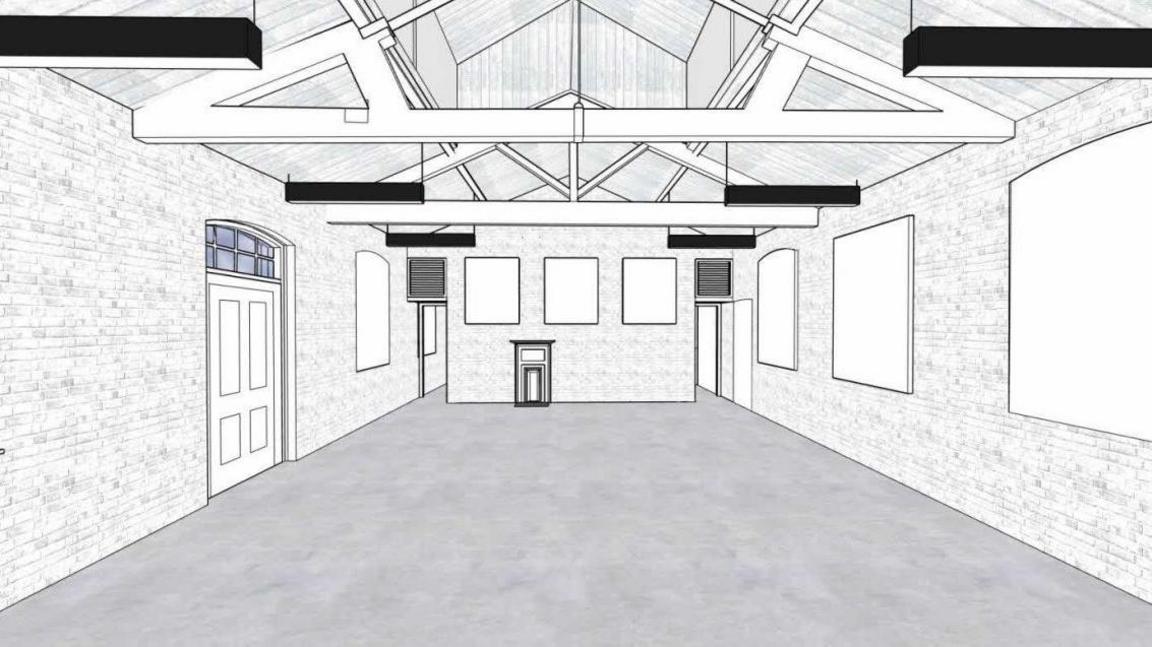 A basic, black-and-white sketch of an open space with sound proofing on the walls.