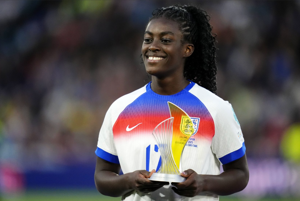 England's Michelle Agyemang with the Young Player of the Tournament trophy after winning the Uefa Women's Euro 2025 final.