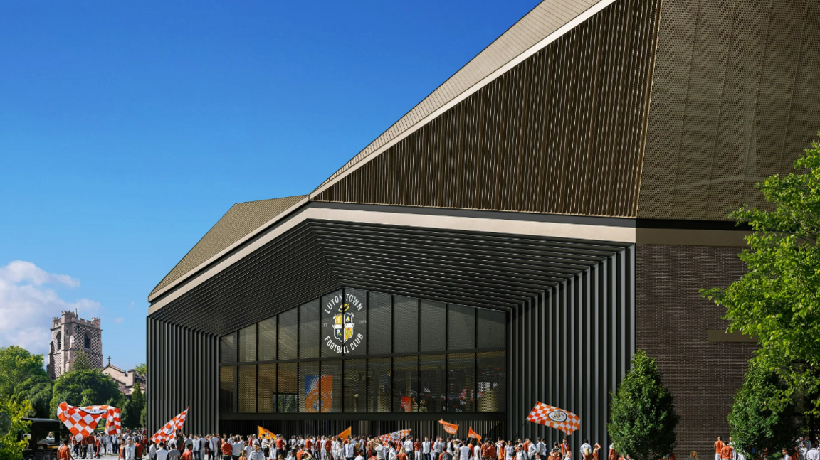 CGI image of fans outside the proposed stadium, which is bronze and has a large glass facade.