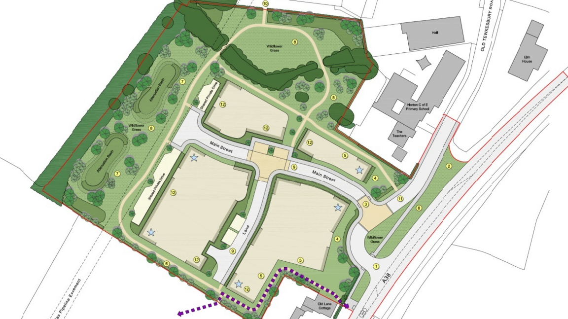 Powells Rural Property Professionals Ltd image showing the proposed development off Tewkesbury Road in Norton as an aerial map-style graphic