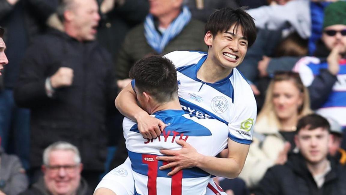 Koki Saito celebrates opening the scoring for QPR against Leeds United last season