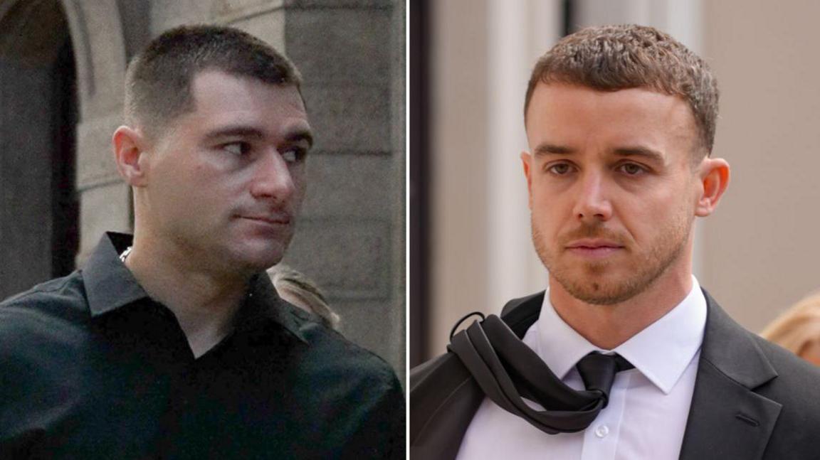 Artur Sevash-Zade (L) in a black shirt and Lewis Peter Carr (R) in a suit and tie arriving at Jersey Royal Court for L'Ecume II Trial - split pic