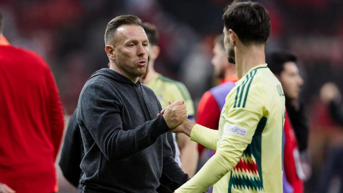 Craig Bellamy shakes hands with Liam Cullen after a game
