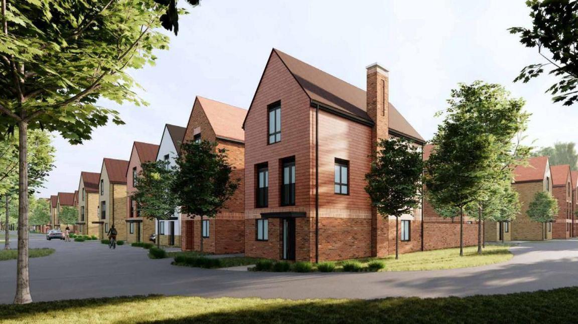 An artist's impression of a row of three-storey homes on a road. They are red, white and yellow.