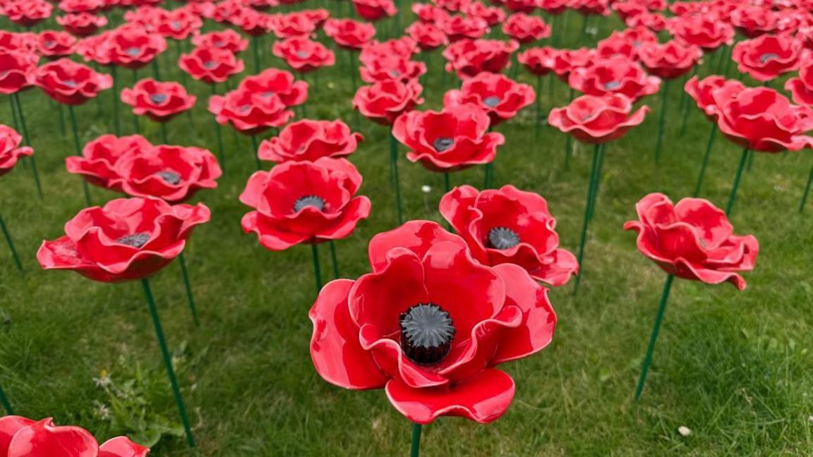 A ceramic poppy is in focus at the centre of the photo. It is stuck into the ground on a green spire. It is surrounded by hundreds of identical poppies.