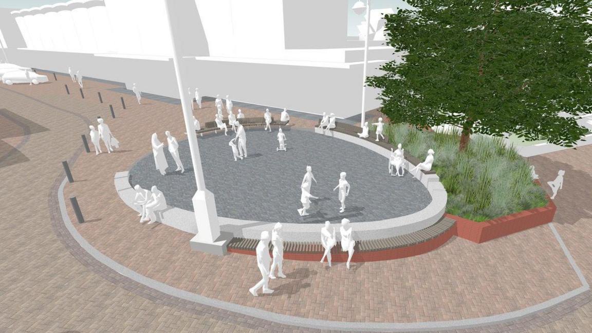Concept art for a new rotunda design. It shows a circular low wall with silhouettes of people sat on the walls or walking nearby. There is a tree to the right and a series of bollards to the left of the structure. 