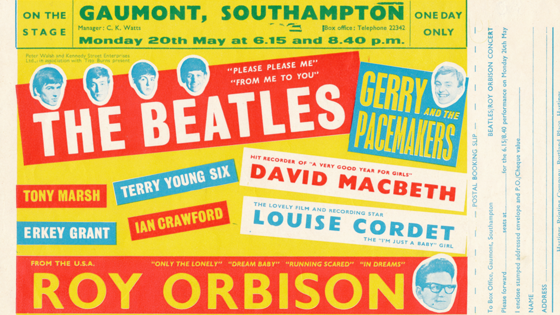 Archive yellow, red and blue 1960s poster advertising The Beatles and other acts at The Gaumont Theatre in Southampton 