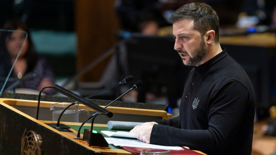 Ukraine's President Volodymyr Zelensky addresses the United Nations General Assembly in New York, 25 September 2024