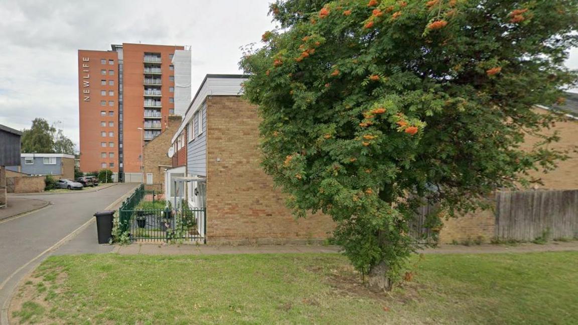 Street with brown tower block in the background, with letters spelling out "New Life". There are small two-storey brick houses in the foreground alongside a road. There is a tree close to the camera on grass.