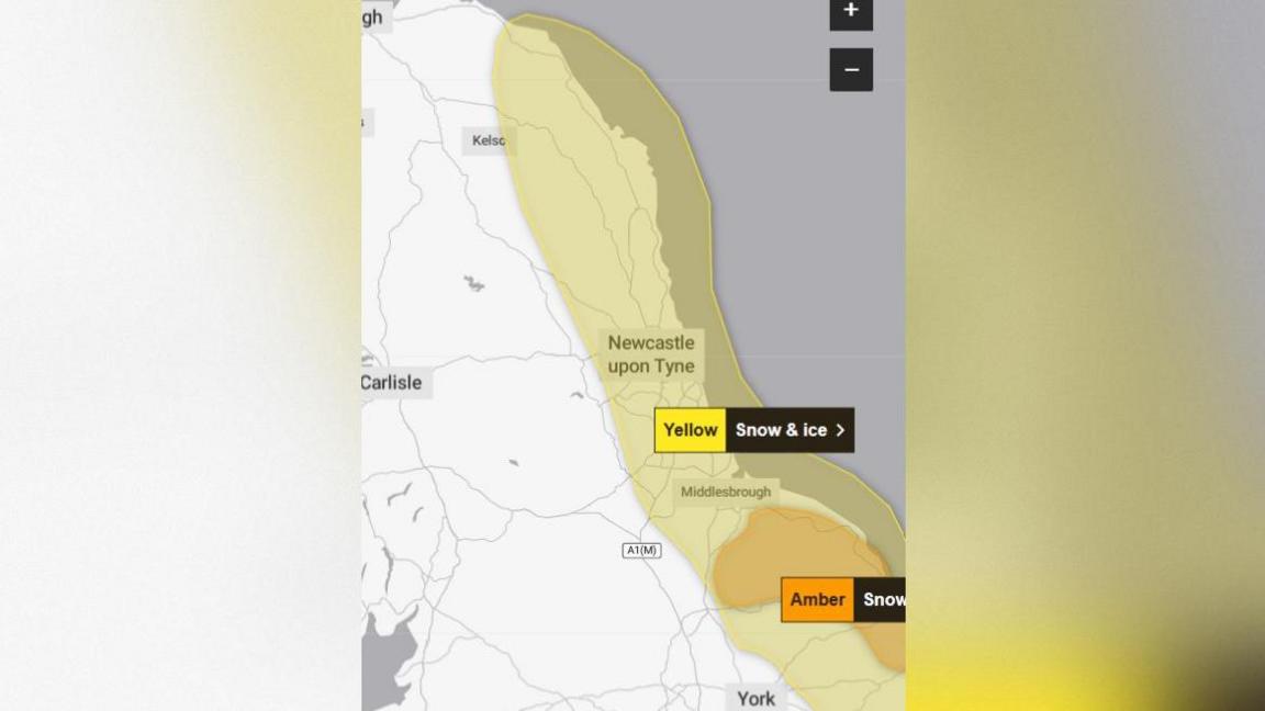 A map of the weather warnings in northern England. A yellow warning for snow and ice covers most of the North East, from the east coast heading inland.