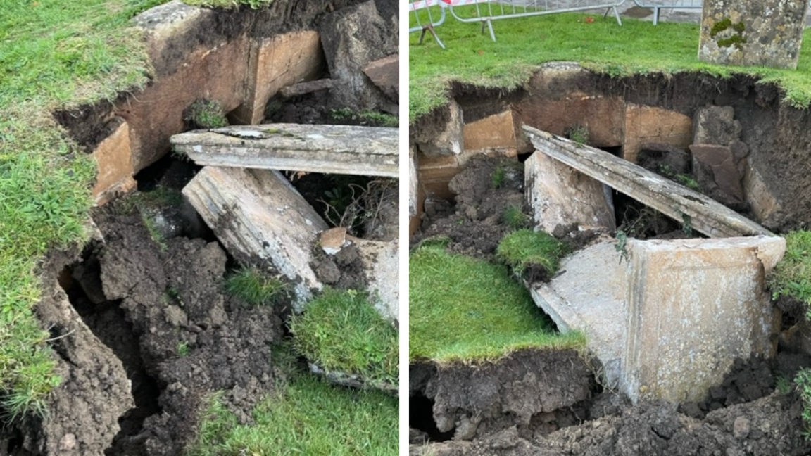 A composite image showing close ups of the damage to the box tomb and crypt. The stone structure has fallen through the ground and broken apart.