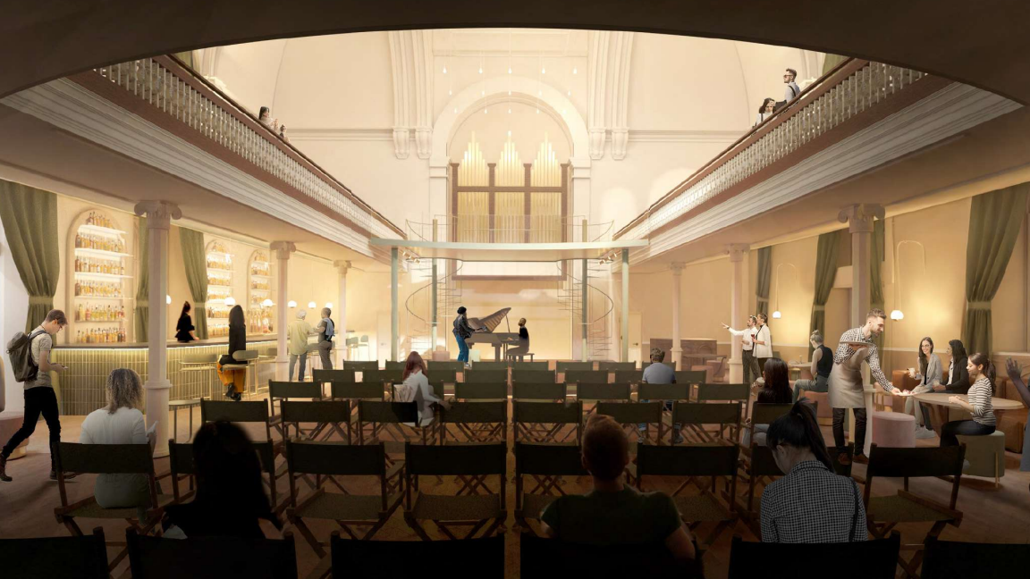 We can see a computer generated image of how the lower part of the building would look. There are chairs on the floor, with occupied by people watching a grand piano being played. To the right is a bar, to the left we can see a waiter serving a drink.