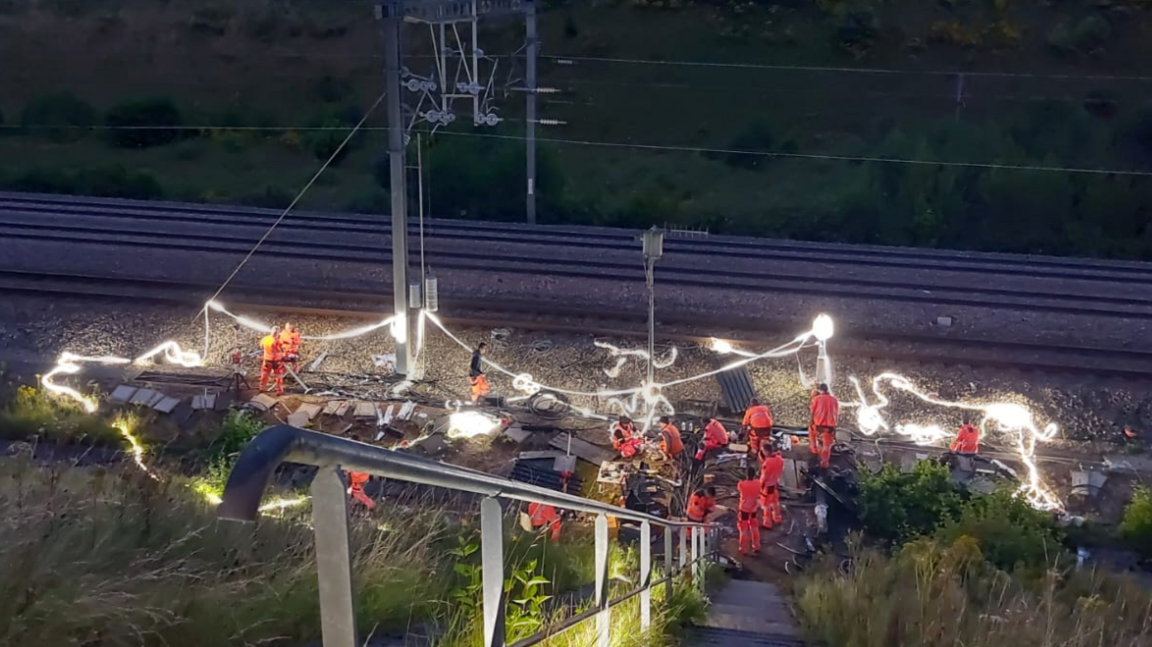 Rail workers at night