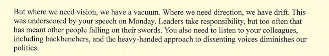 Excerpt from Wes Streeting's letter reading: But where we need vision, we have a vacuum. Where we need direction, we have drift. This was underscored by your speech on Monday. Leaders take responsibility, but too often that has meant other people falling on their swords. You also need to listen to your colleagues, including backbenchers, and the heavy-handed approach to dissenting voices diminishes our politics.
