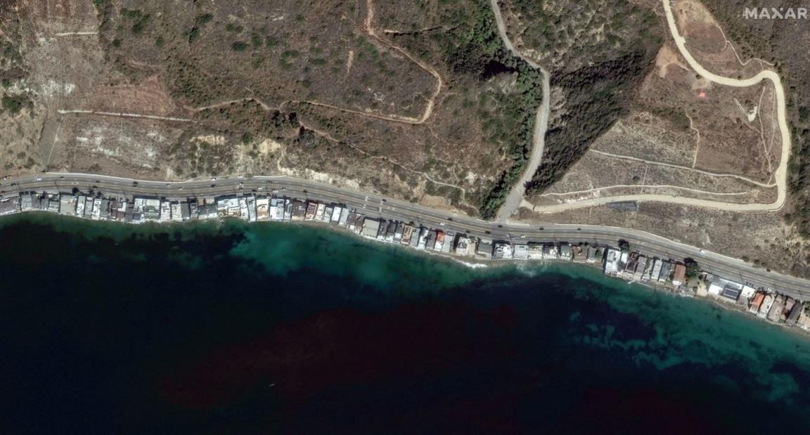 A satellite image shows the Pacific Coast Highway along the Malibu coastline before devastating wildfires