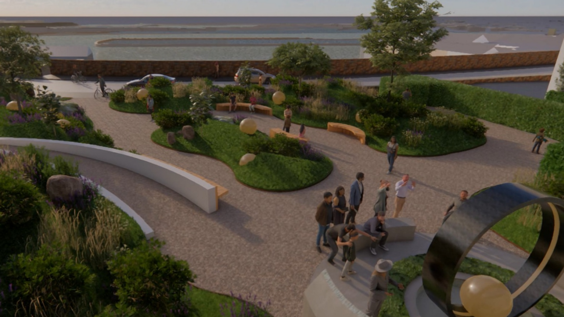 A animated image of the area. There is a number of plants and grassland surrounding a path. There is people walking on the path with a memorial pictured in the bottom right.