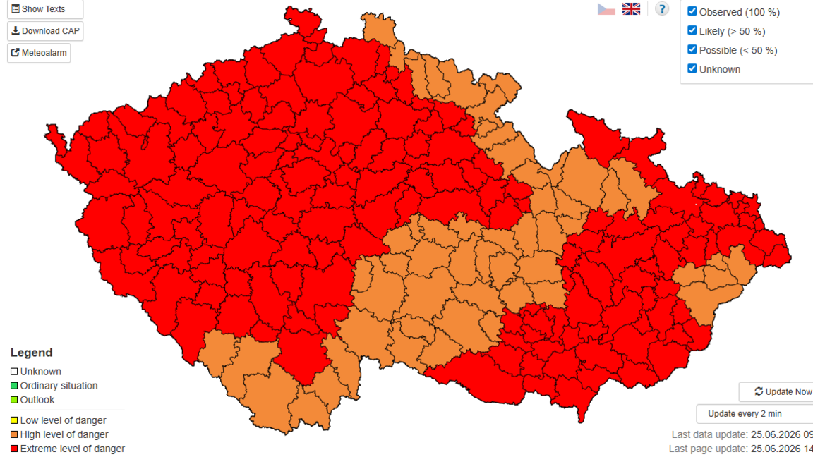 A screengrab showing red alerts in the Czech Republic