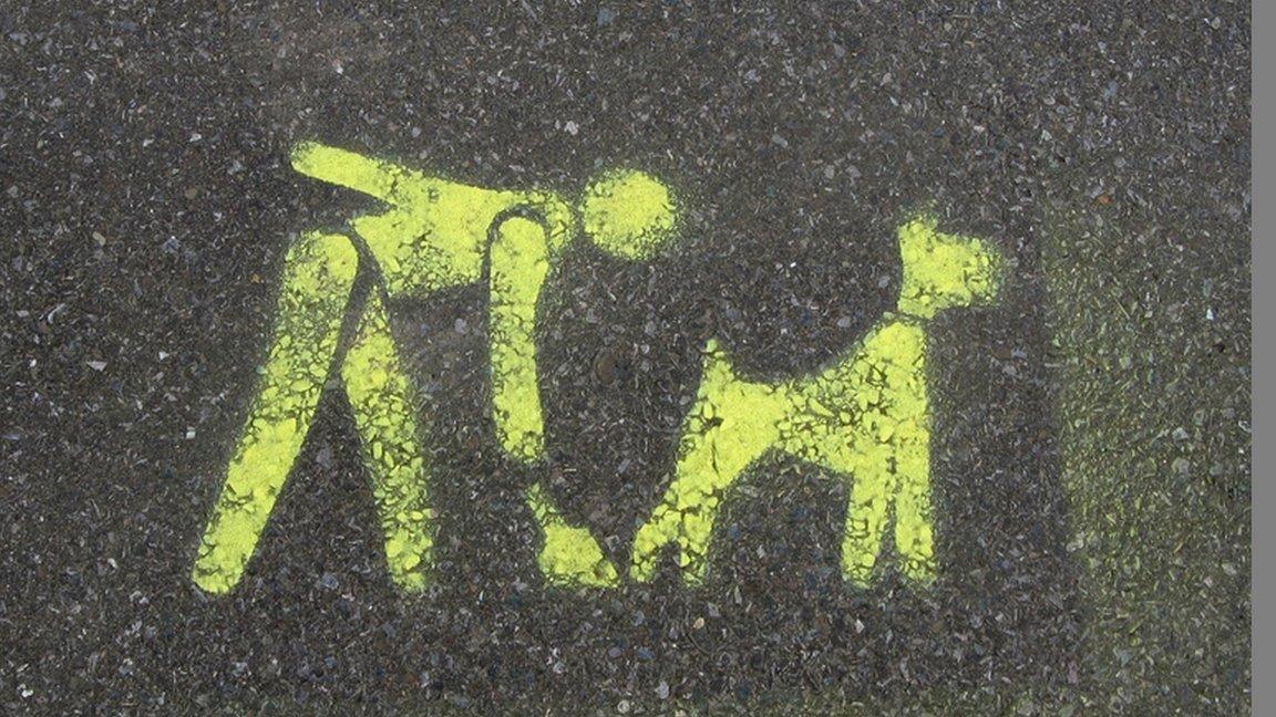 A stencil on the pavement asking you to clean up after your dog