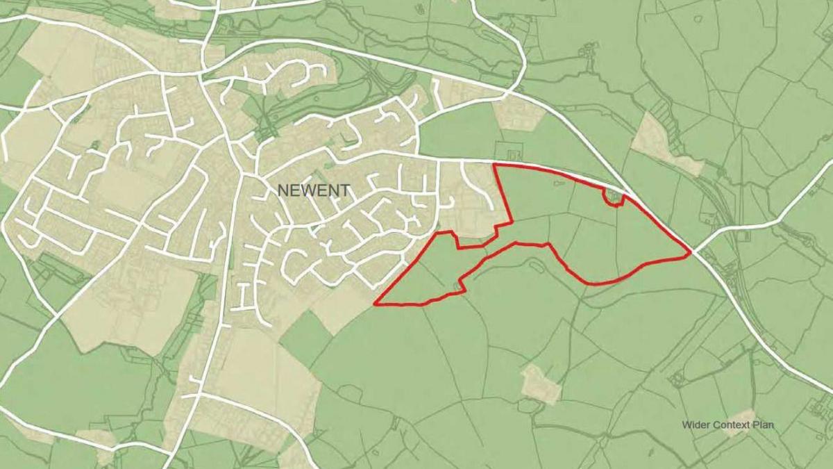 A red outline of a field near Newent