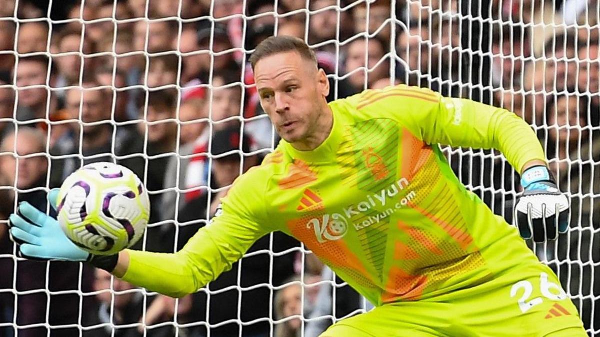 Matz Sels makes a save in Nottingham Forest's draw at Chelsea this season.