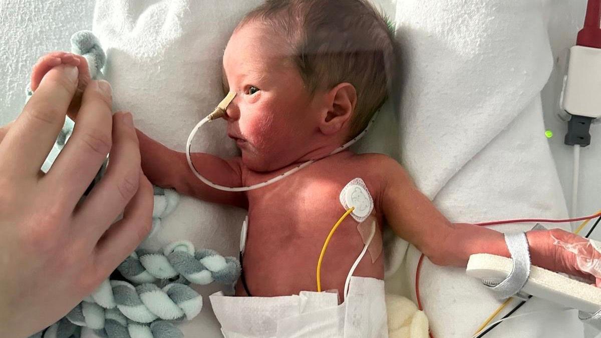 Baby finn in hospital after being born prematurely holding an adults hand in an incubator