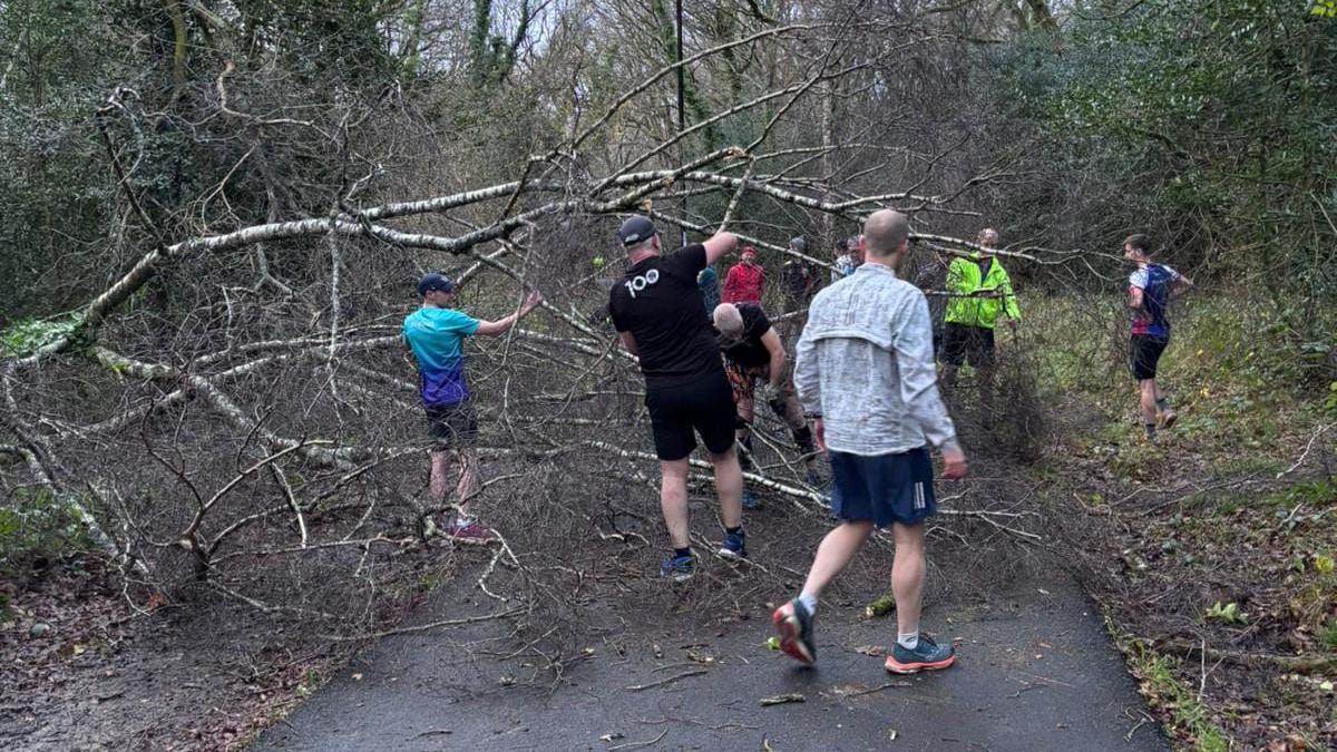 A group of male runners, all in activewear gather together on a tarmac pathway to clear a fallen tree