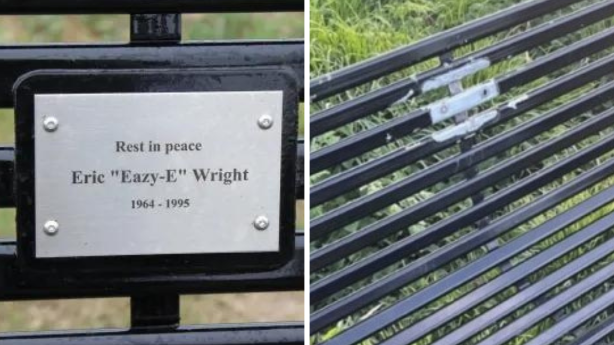 A plaque honouring rapper Eazy-E, left, removed from a park bench, right