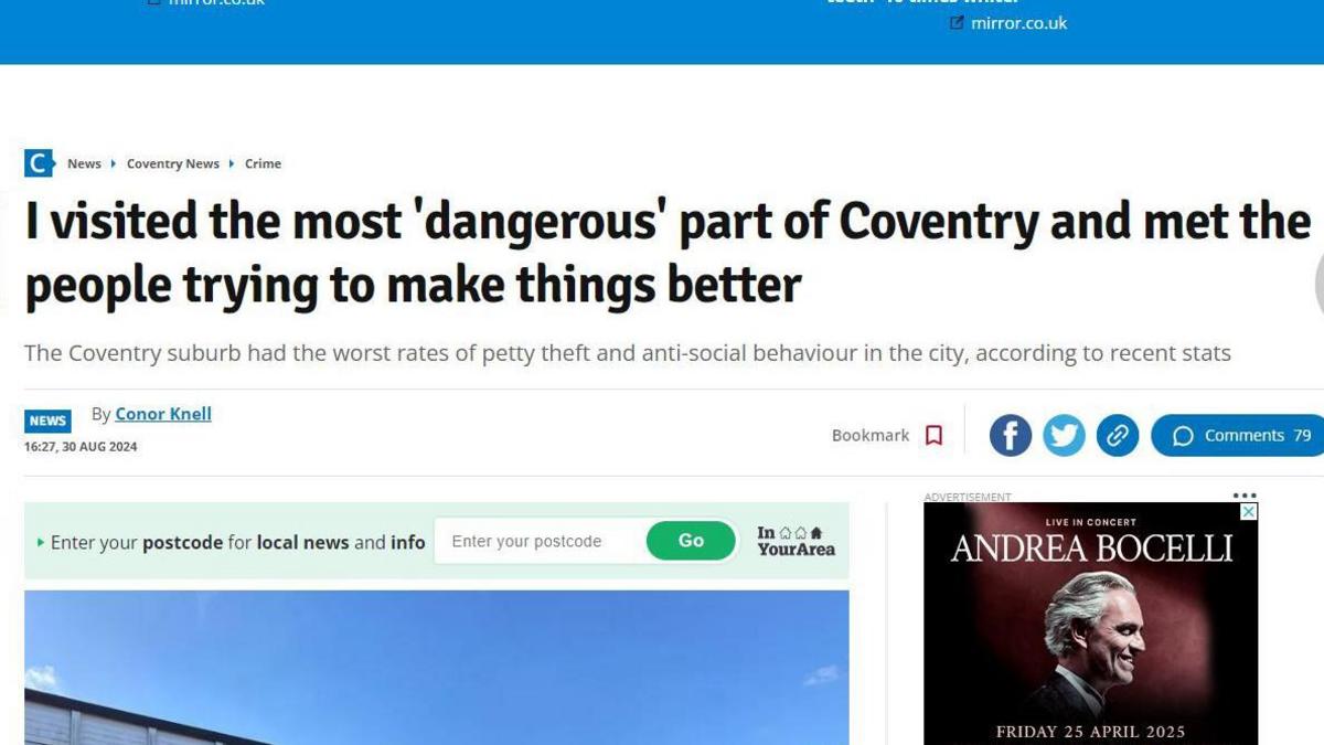 A copy of a newspaper's website with a headline that reads: 'I visited the most 'dangerous' part of Coventry and met the people trying to make things better'