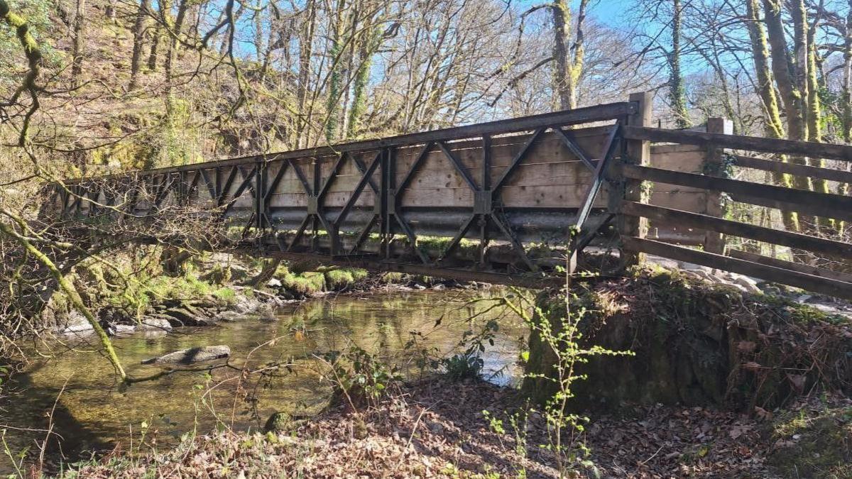 A wooden and steel footbridge over a river on Exmoor. There is a hill to the left, with trees on.