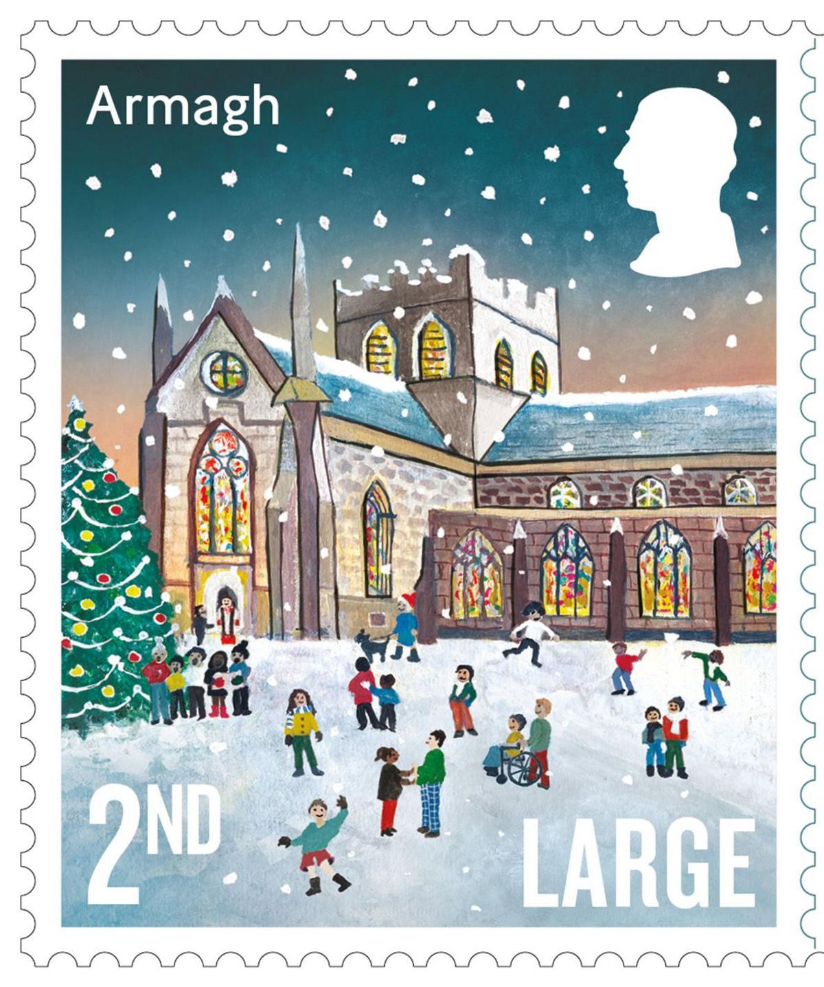 Photo issued by Royal Mail of one of their Christmas 2024 stamps, showing Armagh Cathedral.