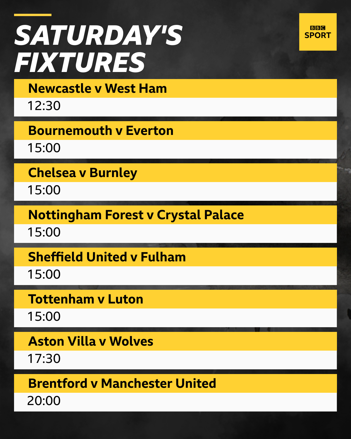 Saturday's Premier League fixtures: Newcastle v West Ham, Bournemouth v Everton, Chelsea v Burnley, Nottingham Forest v Crystal Palace, Sheffield United v Fulham, Tottenham v Luton, Aston Villa v Wolves, Brentford v Manchester United