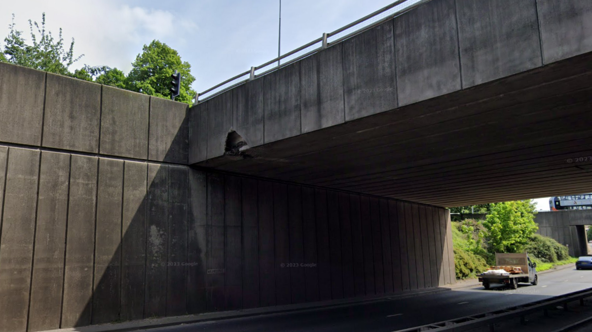 A bridge missing a chunk of concrete